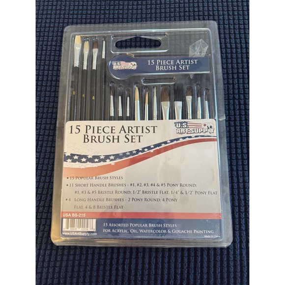 U.S. Art Supply 15 Piece Artist Brush Set Acrylic Oil Watercolor Gouache New - Picture 1 of 4